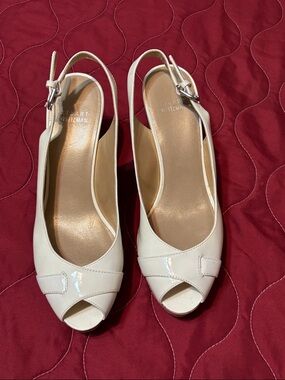 Stuart Weitzman white Patent Peep-Toe Slingback Heels